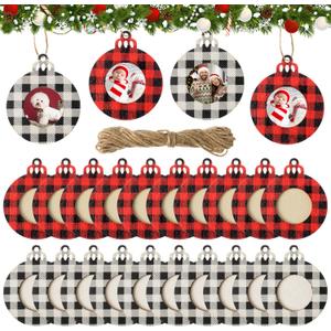 2 x 24 Pieces Wooden Christmas Picture Frame Ornaments with Twine, Buffalo Plaid Picture Frames Round Photo Frame Ornaments Xmas Family Tree Picture Frame for Xmas Holiday Party Decoration Supplies (Assorted Color)