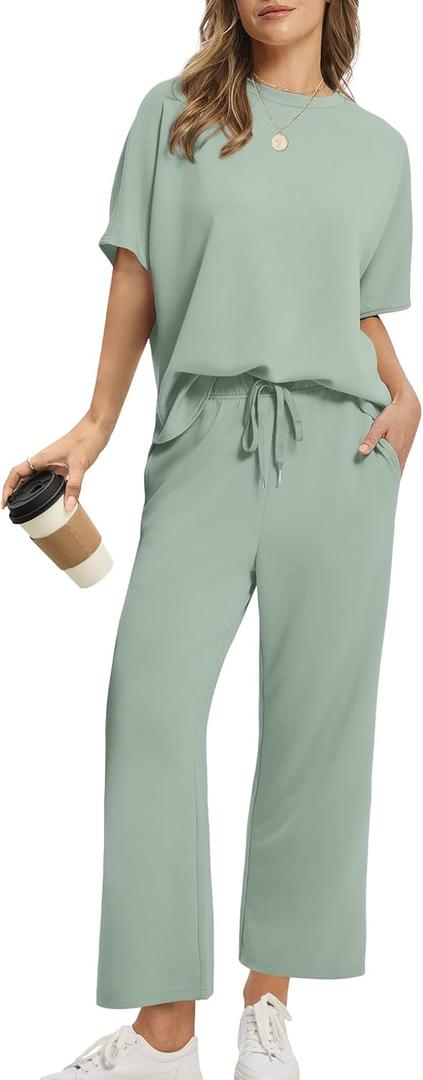 Sampeel Two Piece Sets for Women Summer Outfits Oversized Wide Leg Crop Pants Lounge Sets Airport Beach Vacation Clothes (Small, Sage Green)
