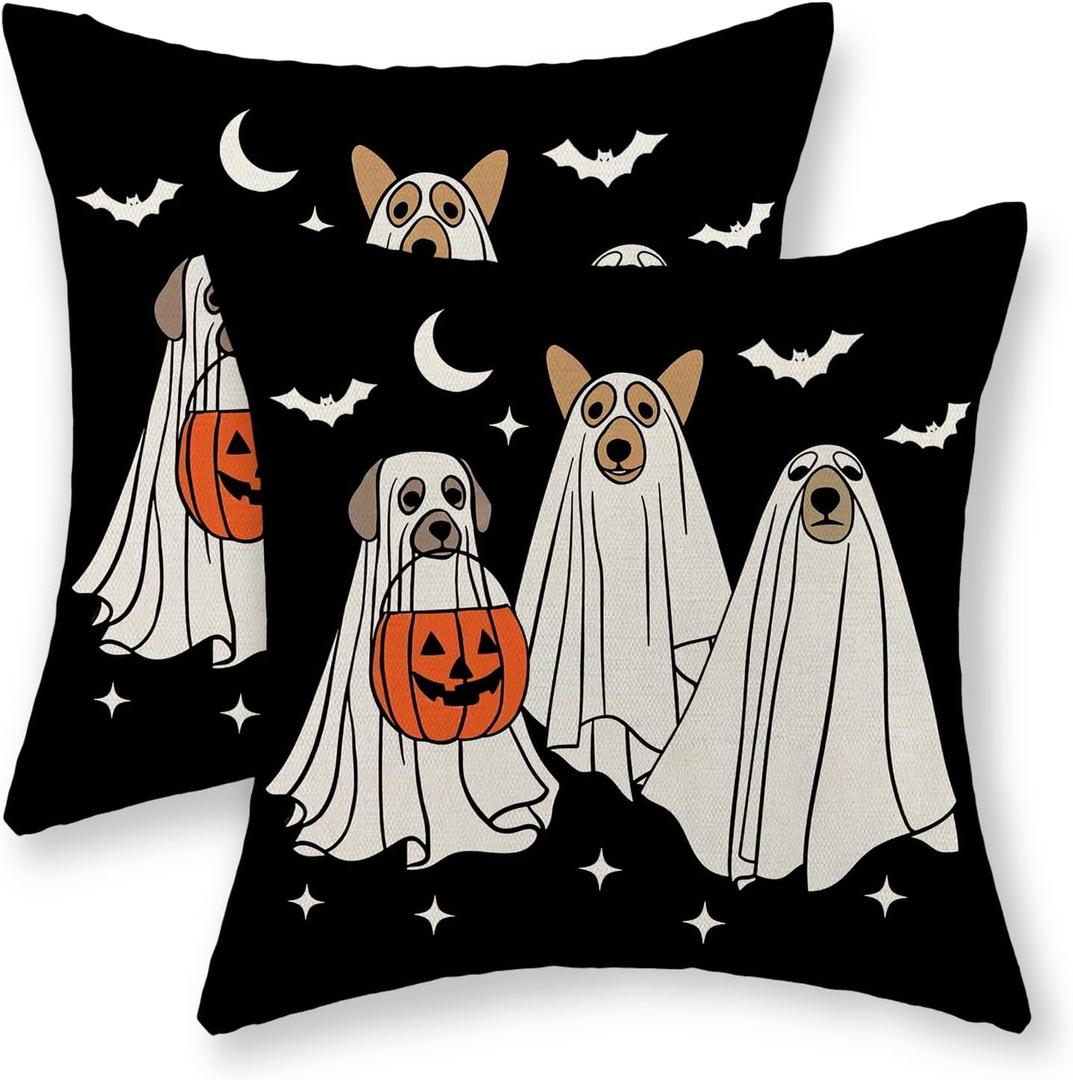 Halloween Pillow Covers 18x18 Inch Set of 2 Black White Dog Ghost Throw Pillows Fall Halloween Home Decorations Pillow Cases Autumn Holiday Linen Outdoor Decor Cushion Case for Couch Sofa