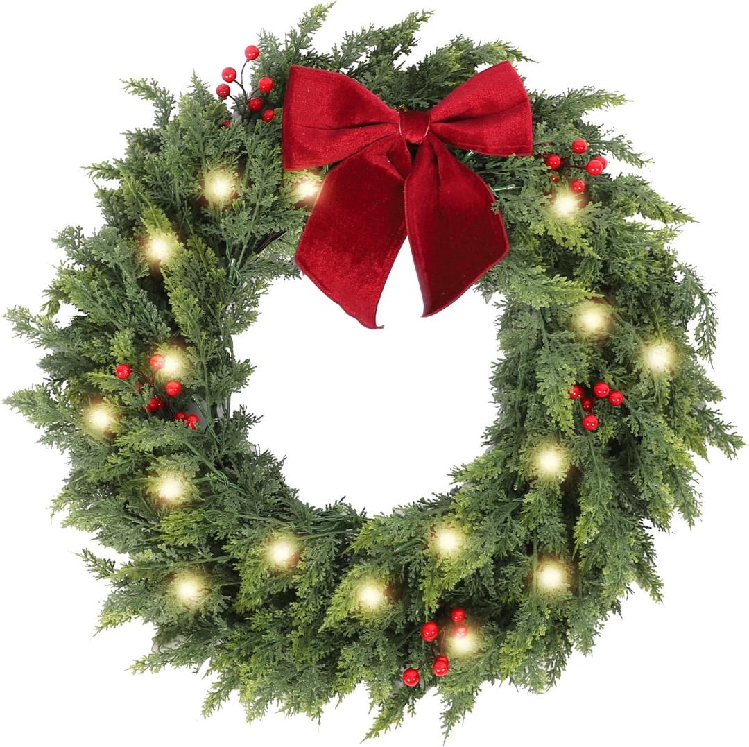 30 Inch Christmas Wreaths for Front Door with Lights,Lighted Cedar Door Wreath,Prelit Real Touch Artificial Green Winter Wreath with Large Burgundy Velvet Bow for Indoor Outdoor Decor