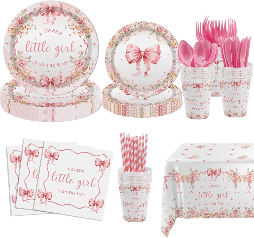 MEHOFOND Pink Bow Floral Baby Shower Party Decorations, Coquette Sweet Girl Paper Plates Cups and Napkins Set, Pastel Pink Bowknot Disposable Tablewares, Baby Girl Baby Shower Party Supplies, Serve 24