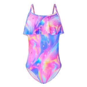 Tziharora Girls Swimsuits Size 3t 4t One-Piece Ruffled Neckline Blue Pink Aurora Bathing Suits with Sun Protection