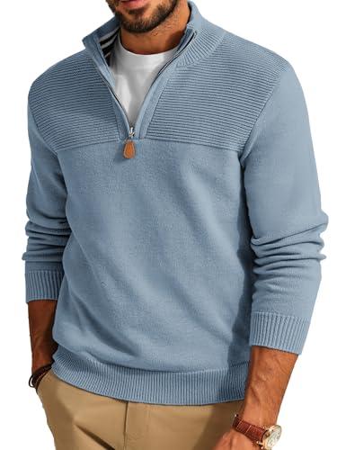 PJ PAUL JONES Men's Pullover Sweater Quarter Zip Slim Fit Mock Neck Polo Sweater Light Blue, Large