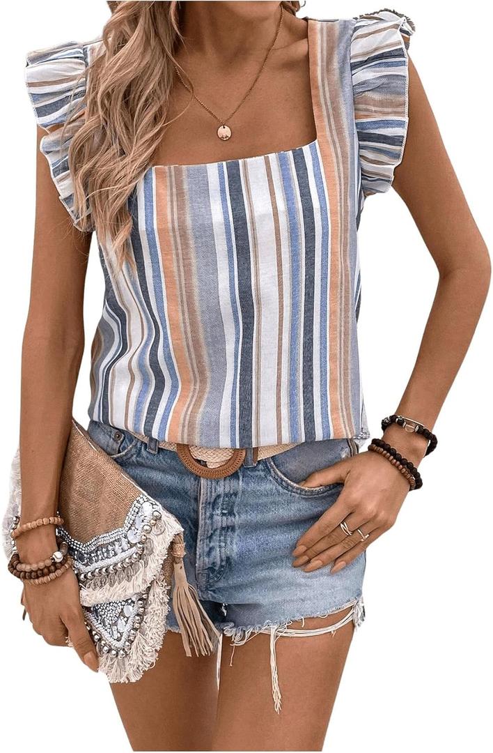 Women's Sleeveless Blouse Stripe Ruffle Cap Sleeve Square Neck Boho Tunic Tops Vacation Outfits Blue and White X-Large
