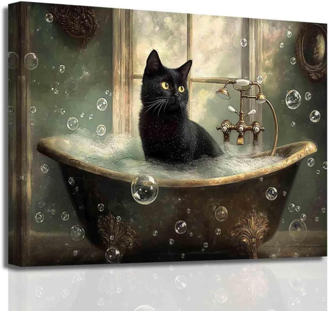 BJYCHG Cat Bathroom Wall Art Animal Bathroom Pictures Black Cat in Bathtub Poster Prints Funny Animal Canvas Paintings Toilet Artwork Vintage Farmhouse Decor Frame (Dark, (16L x 24W))