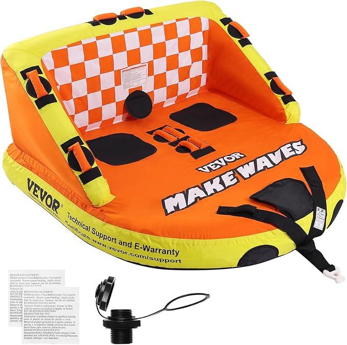 VEVOR Towable Tube for Boating, 1-2 Riders Inflatable Towable Tubes with Deck Seats and Backrest, 340/510/680 lbs Water Sport Tube, Full Nylon Cover, EVA Grab Handles and Speed Safety Valve