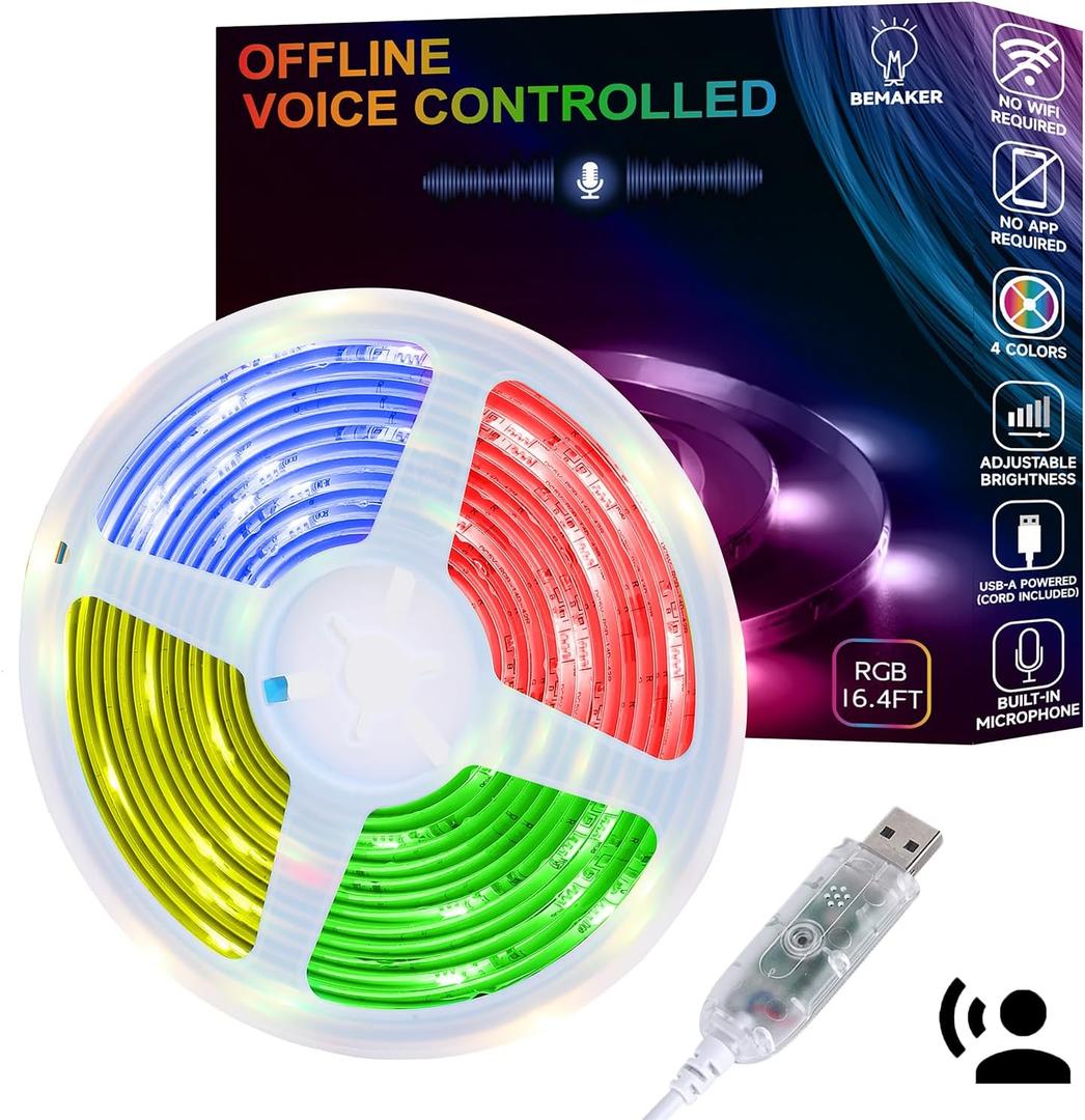 AI Voice Activated Under Bed Lights Strip,Indoor Kids Bedroom Night Lights RGBW, No App/Wifi Required, Dimmable Color Changing Strong Adhesive, Music Sync USB Powered 16.4ft for Kitchen Cabinet