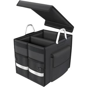 55L Car Trunk Organizer with Reflective Stripes.1680D Polyester Folding Car Organizer with Reinforced Handles, Folding and Multi-Compartment, Storage for SUV, Truck, Sedan (Black, 28L)