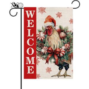Christmas Garden Flag Welcome Xmas Chicken Winter Holiday Decorations Burlap Vertical Double Sided Farmhouse Yard Lawn Outdoor Decor 3x6 ft 