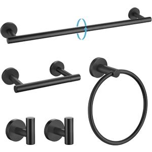 TURS Matte Black 5 Piece Bathroom Hardware Set, SUS304 Stainless Steel Bath Towel Bar Set, 24 Inch Round Bathroom Accessories Kit Wall Mounted