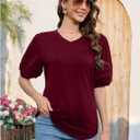 Puff Sleeve Tops for Women V Neck T Shirts Summer Business Casual Tops Loose Fit Dressy Casual Blouses (Red, XXL)