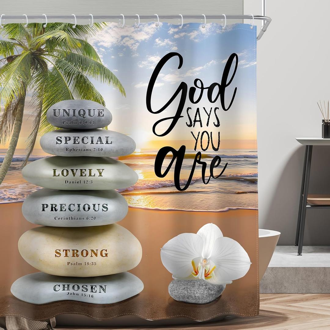 AMBZEK Beach Zen Stone Bible Verse Shower Curtain 60Wx72L Inch Ocean Sea Tropical Palm Tree Scripture Spa Lotus Quotes Artwork Cloth Fabric Waterproof Polyester Bathroom Decor Set with 12 Pack Hooks