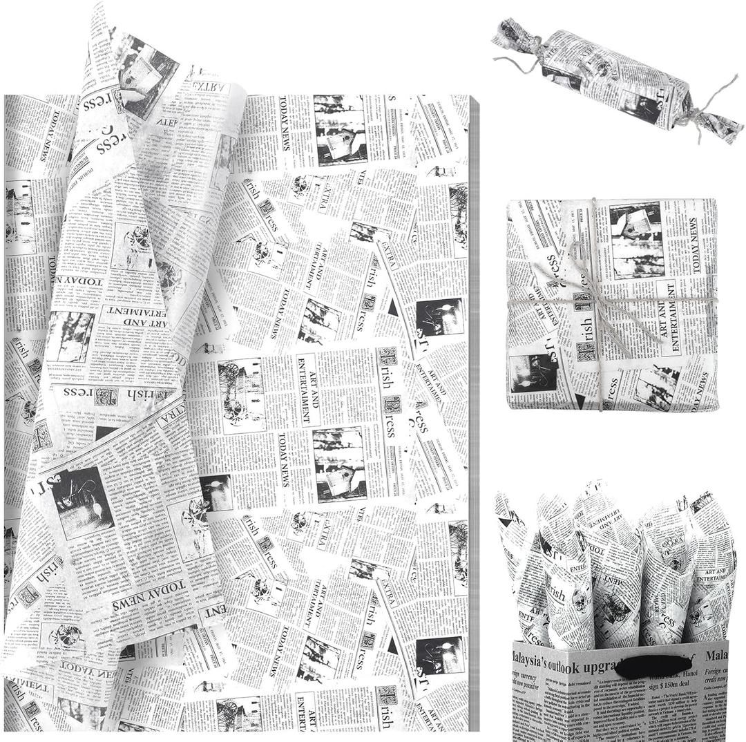 100 Sheet Vintage Newspaper Tissue Paper, Black 20x14in Old Newsprint Gift Wrapping Paper Retro Kraft Magazine Art Craft Newsprint Tissue for Valentine's Day Wedding Birthday Party Decor Gift Crafts (White)