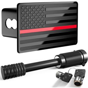 Heavy American Flag Metal Trailer Hitch Covers for 2 inch Receivers,Tow Hitch Covers 2 Inch for Truck Accessories (with 5/8-Inch Pin Diameter Trailer Hitch Lock,Thin Red Line)