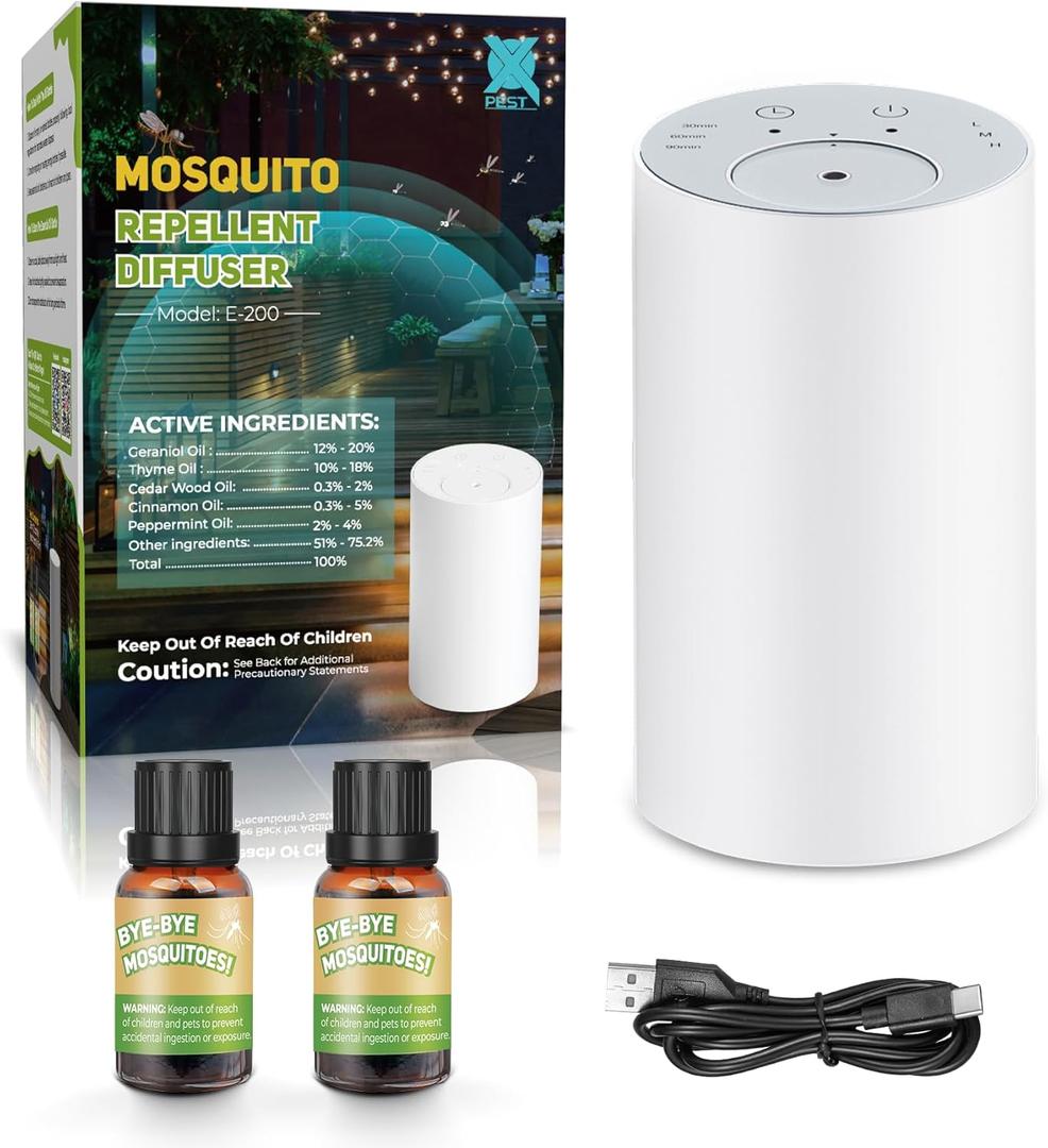 Portable Mosquito Repeller-Outdoor Insect Repellent-Mosquito Protection Indoor-Bug Spray and Bug Zapper Alternative-Natural Essential Oil Waterless Diffuser 40ft Protection 2 Refills (White)