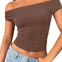 Trendy Queen Off The Shoulder Tops for Women Going Out Y2K Summer Cute Shirts Sexy 2025 Double Lined Spring Club Outfits Brown M