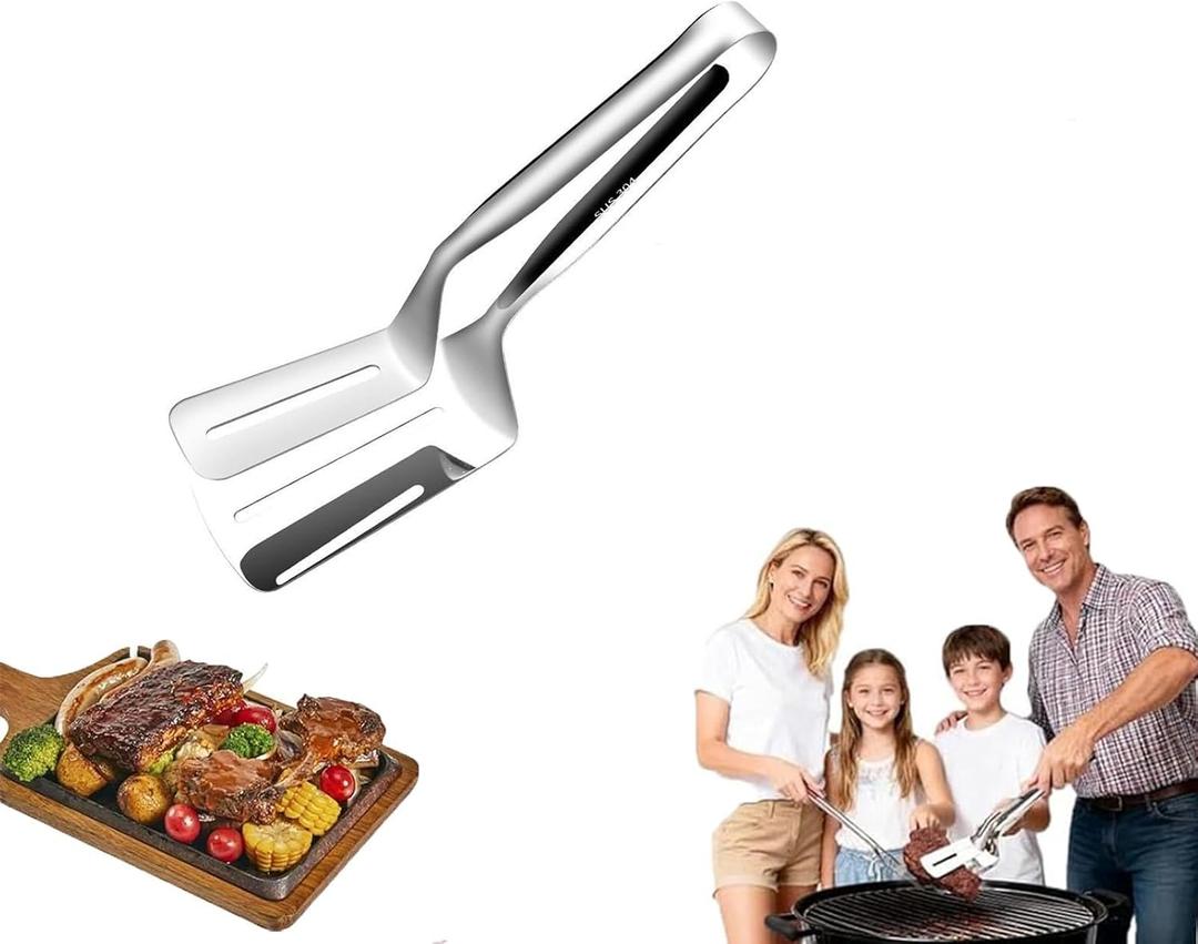 3 x 2-in-1 Anti-Scald BBQ Stainless Steel Grill Clamp Spatula | Tongs & Flipper for Grilling, Cooking, Frying Steak, Fish, and Vegetables