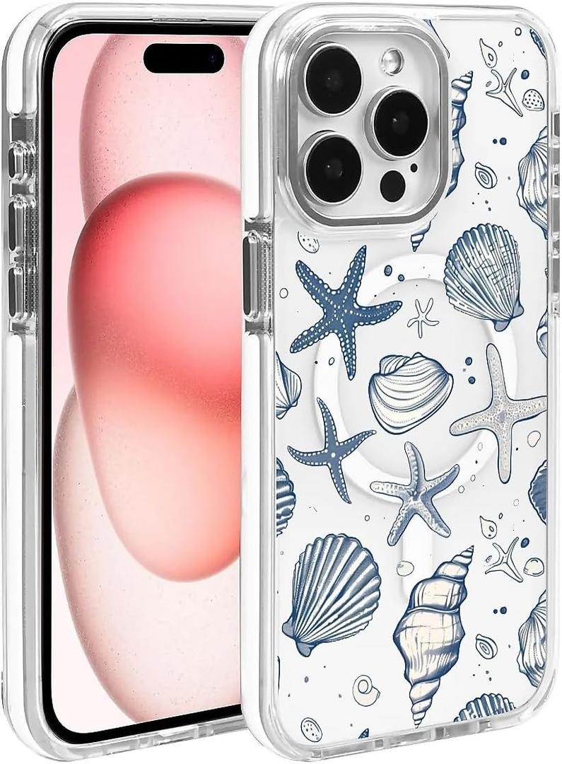 Compatible with iPhone 15 Plus Case for MagSafe, Clear White with Ocean Shells Design Drop Proof Rugged Magnetic Charge Shockproof for iPhone 15 Plus