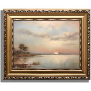 KBKBART Gold Framed Vintage Landscape Wall Art Prints, Retro Muted Lake Nature Wilderness Canvas Painting, Farmhouse Decor Wall Art for Bedroom, Bathroom, Vintage Wall Decor (9"x12")