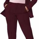 Women's 2 Piece Outfit Deep V Long Sleeve Solid Color Blazer with Pants Elegant Business Suit Sets (XX-Large, Wine Red-2767)
