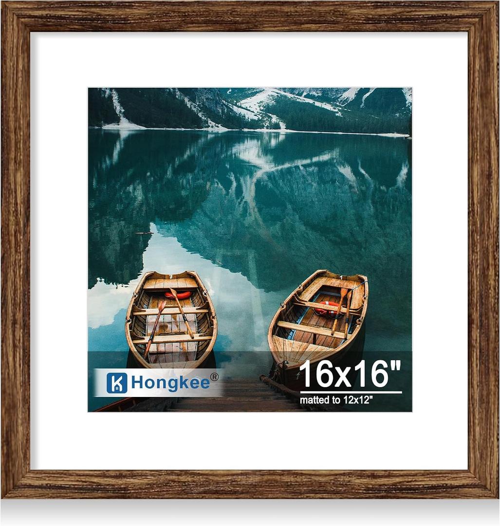 Hongkee 16x16 Frame, 16 x 16 Rustic Brown Wood Style (12x12 Mat, 1 Pack), 16x16 in