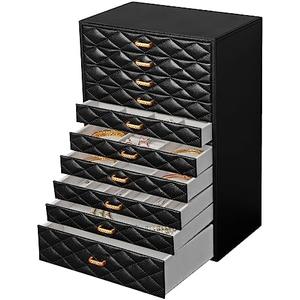 FEIYAN Extra Large Jewelery Box, 10-Layer Storage Case, Faux Leather Organizer with Drawers, Velvet Lining, Scandinavian Nordic Style (BLACK)