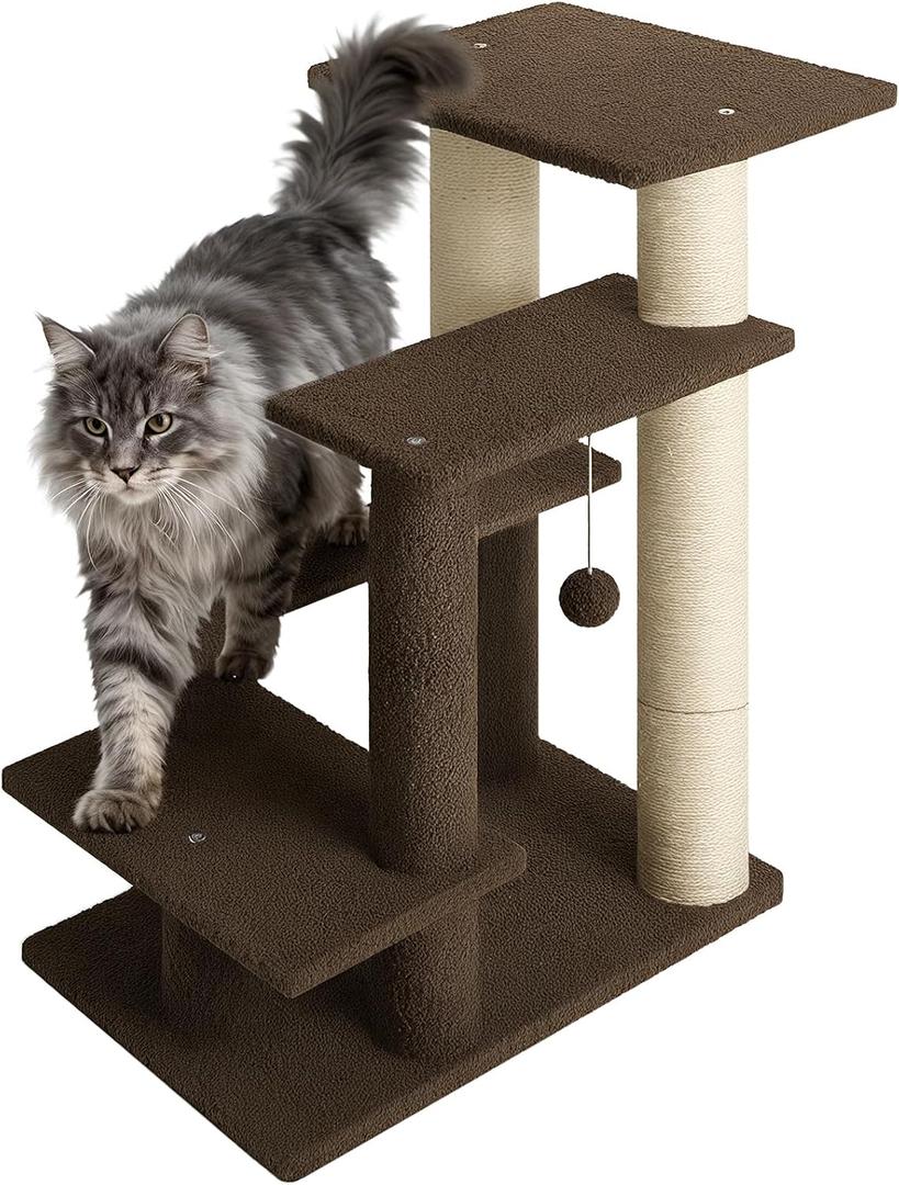 4-Step Pet Steps for Cats/Dogs, Cat Stairs with Sisal Scratching Post, Cat Steps for Older Cats with Enlarge Perch, Pet Stairs for High Bed and Couch, Brown