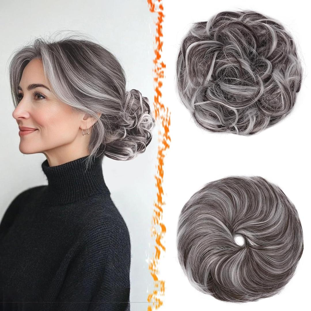 BARSDAR 2 PCS Grey Messy Bun Hair Pieces - Elastic Brown Mix Gray Messy Bun Scrunchies Hair Extensions for Women - Soft Synthetic Thick Fluffy Grey Updo Chignons Salt and Pepper Hairpieces Daily
