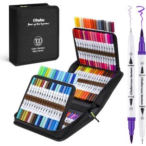 Ohuhu Markers for Adult Coloring Books No Bleeding 100 Colors Water-based Dual Tips Fineliner & Brush Coloring Markers for Kids Adults Beginners Drawing Pens for Journaling Lettering - Maui - White