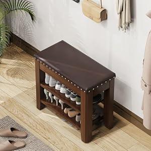hoe Bench for Entryway, Solid Rubberwood Shoe Bench with Hidden Storage, Adjustable 2-Tier Shelves & Soft PU Leather Seat, Shoe Rack Durable Easy Assembly for Hallway or Bedroom - Walnut, 23.6"