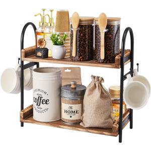 BDBDYEAY Coffee Bar Accessories, 2-Tier Coffee Bar Organizer with 4 Coffee Cup Holder Hooks, Mul-tifunctional Wooden Beaded Coffee Station Countertop Stand Shelf for Kitchen Home Office