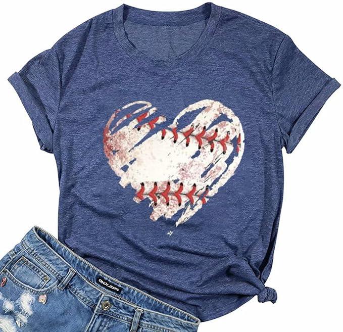 Baseball Shirts Women Baseball Mom Tshirt Baseball Heart Graphic Tee Game Day Gifts Funny Short Sleeve Tops (Blue2,XL)