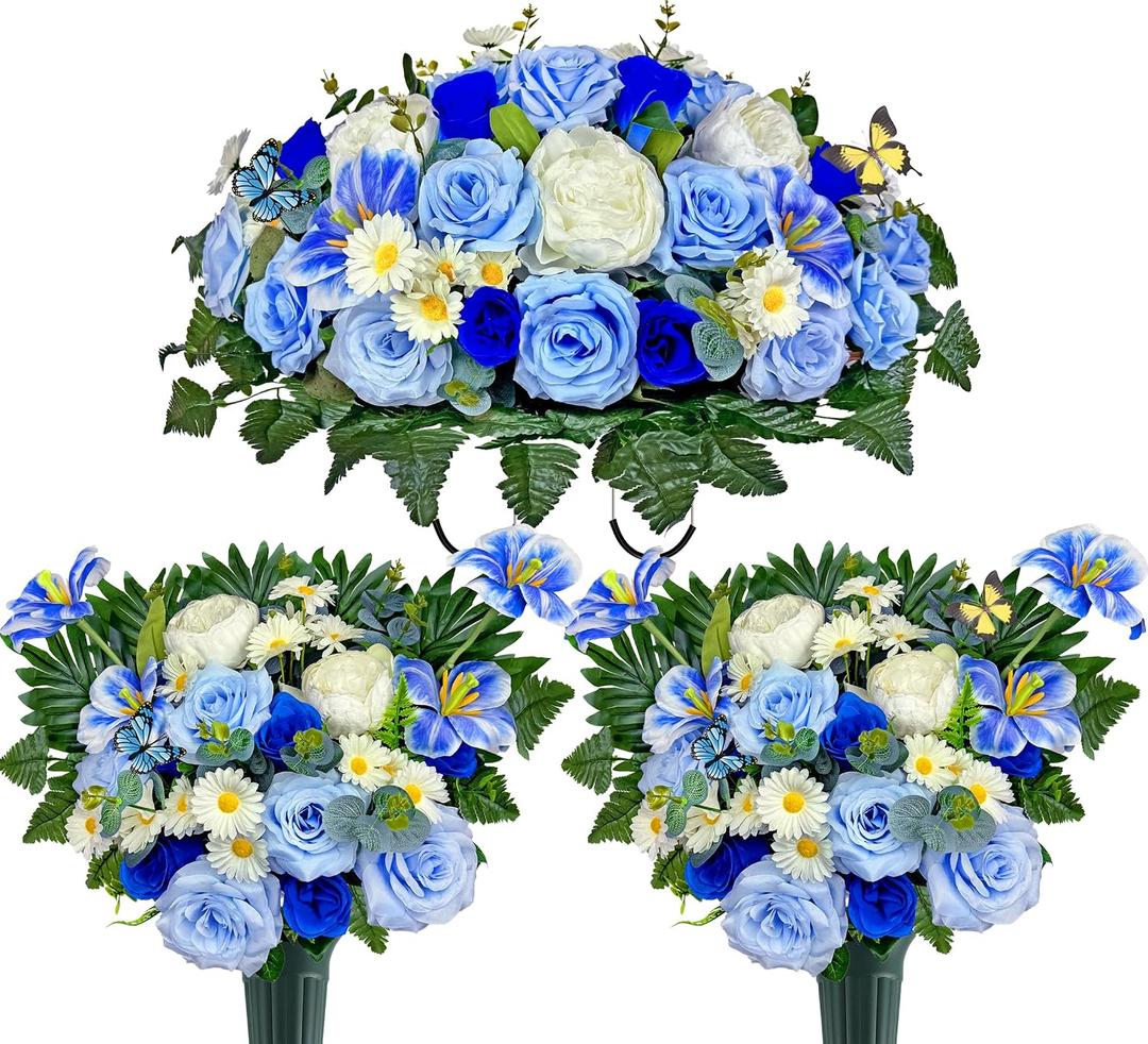 Artificial Headstone Flower Saddle, Cemetery Flowers, Memorial Flowers, Silk Tulip Rose Daisy, Blue, 3 Piece
