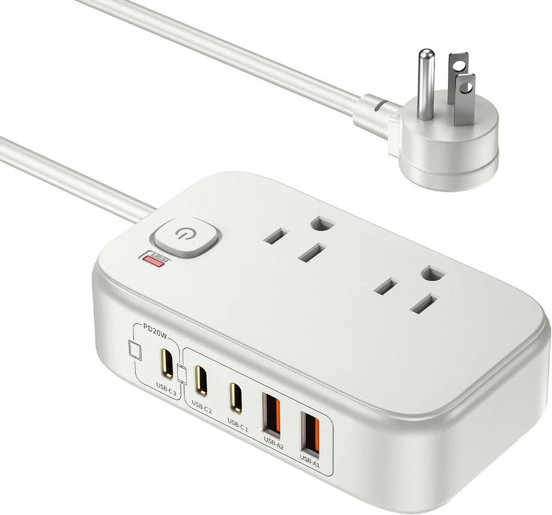 Power Strip with USB C Ports, 30W USB C Charging Station with 2 Outlets 3 USB C & 2 USB A, Travel Charger for Multiple Devices, 5FT Flat Extension Cord USB Charger Hub for Travel Home (Pearl White)