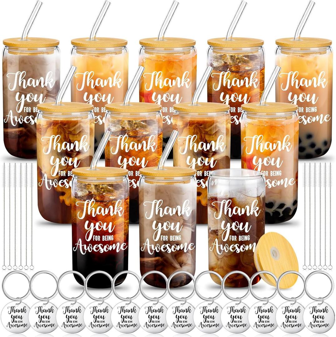 12 Set Employee Appreciation Gifts Set Thank You Gifts Bulk for Christmas Staff Coworker Team Teacher Nurse Inspirational Cups 16 oz with Lid Straws Brush Keychain(Thank You Style)