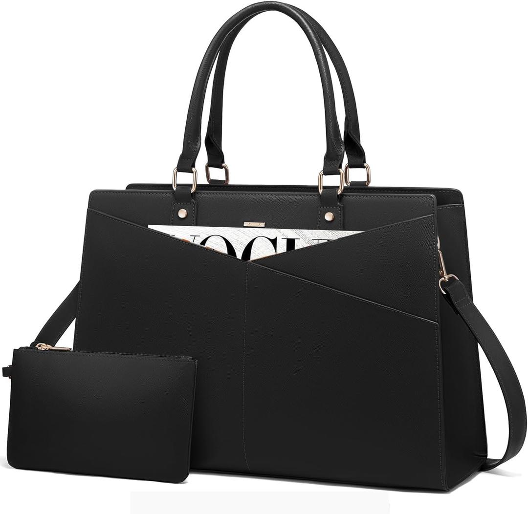 LOVEVOOK Laptop Tote Bag for Women, Leather Business Office Work Bag Computer Briefcase with Small Clutch fit for 15.6 Inch Laptop Black