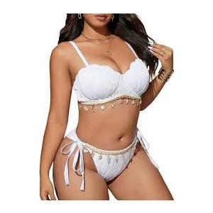 MakeMeChic Women's Plus Size Bikini Set Textured Underwire Push Up Tie Side Scallop Trim Swimsuit (M)