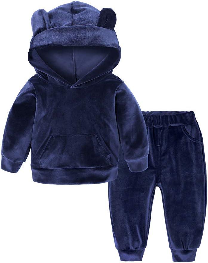 Kids Tales Baby Boys Girls Velvet Sweatsuit Cute Ear Hooded Fleece Pullover and Pants Outfits Set (Blue)