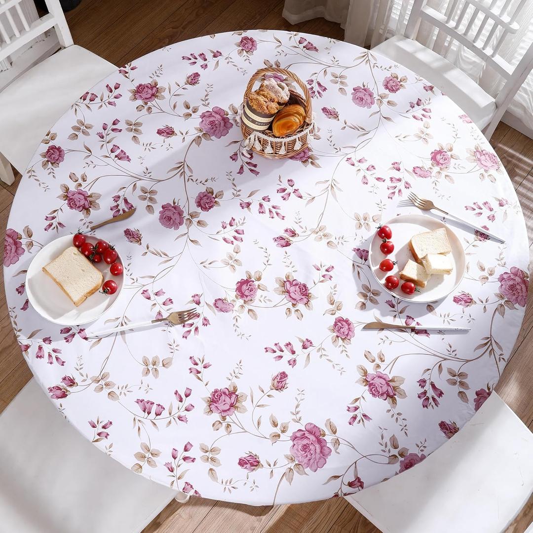 Round Vinyl Fitted Tablecloth with Flannel Backing Elastic Edge Design Table Cover Waterproof Oil-Proof PVC Table Cloth Stain-Resistant Wipeable for Round Table (Small Round Fits Table up 40"-44" Diameter, Flowers)