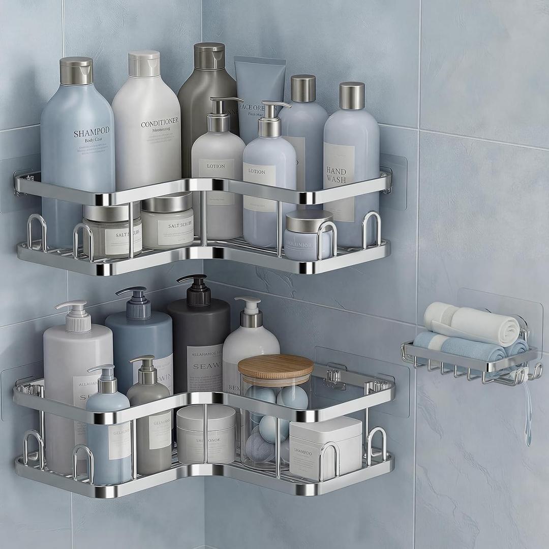 Veken Corner Adhesive Shower Caddy 3-Pack with Soap Holder&Hooks,No Drilling Shower Shelves,Rustproof & Waterproof Bathroom Organizers and Storage,Rack for Small Spaces, Kitchen&Rental-Friendly,Silver
