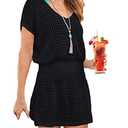 Bsubseach Women Hollow Out Beach Swimsuit Cover Ups Short Sleeve V Neck Bikini Vacation Tunic Dress Black