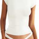 Womens Double Lined Mock Turtle Neck Tops Slim Fitted Cap Sleeve Shirts Going Out Tees Y2k Summer Clothes 2025 (Small, White Cream)