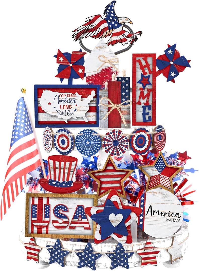 25 Pcs 4th of July Tiered Tray Decor Set Patriotic Table Decorations Red White Blue Memorial Day Wooden Sign Farmhouse USA Flag Star 250th Anniversary Sign for Labor Day Shelf Home(Charming)