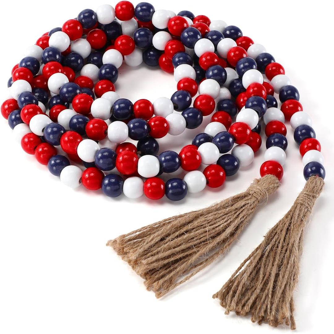 Equsion Wooden Bead Garland with Tassels, Extra Long Fireplace Wood Bead Garlands Rustic Farmhouse Vintage Boho Beads Garland for Party Home Decor Tiered Tray Decorative Beads(Red, White, Blue)