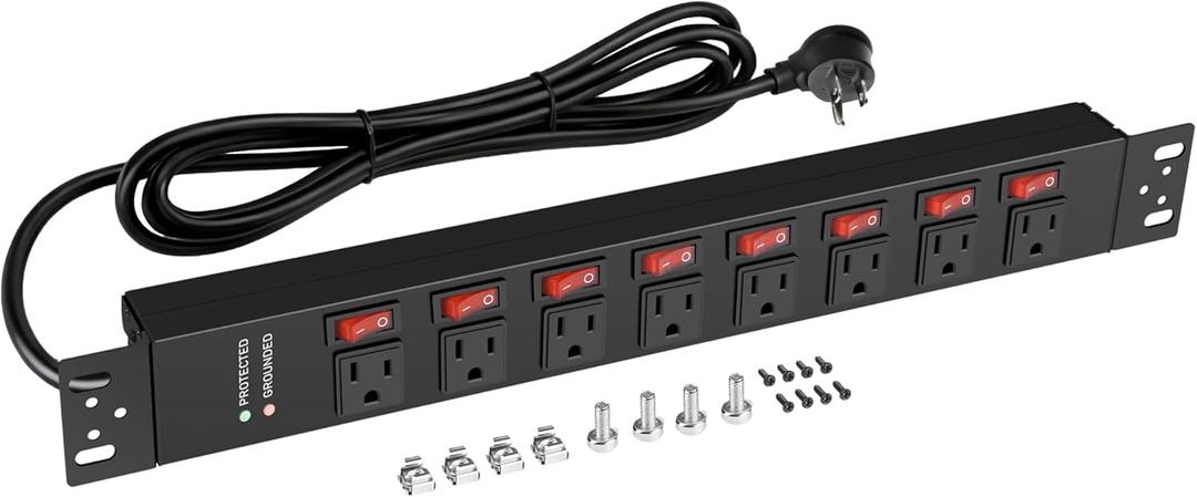 Jgstkcity Rack Mount PDU Power Strips,8 Outlet Surge Protector,Individual Switches,1.5U Rackmount Server Racks,14AWG Heavy Duty Extension Cord,2700J,15A 125V 1875W (Standard Power Cord, 6 FT Cable)