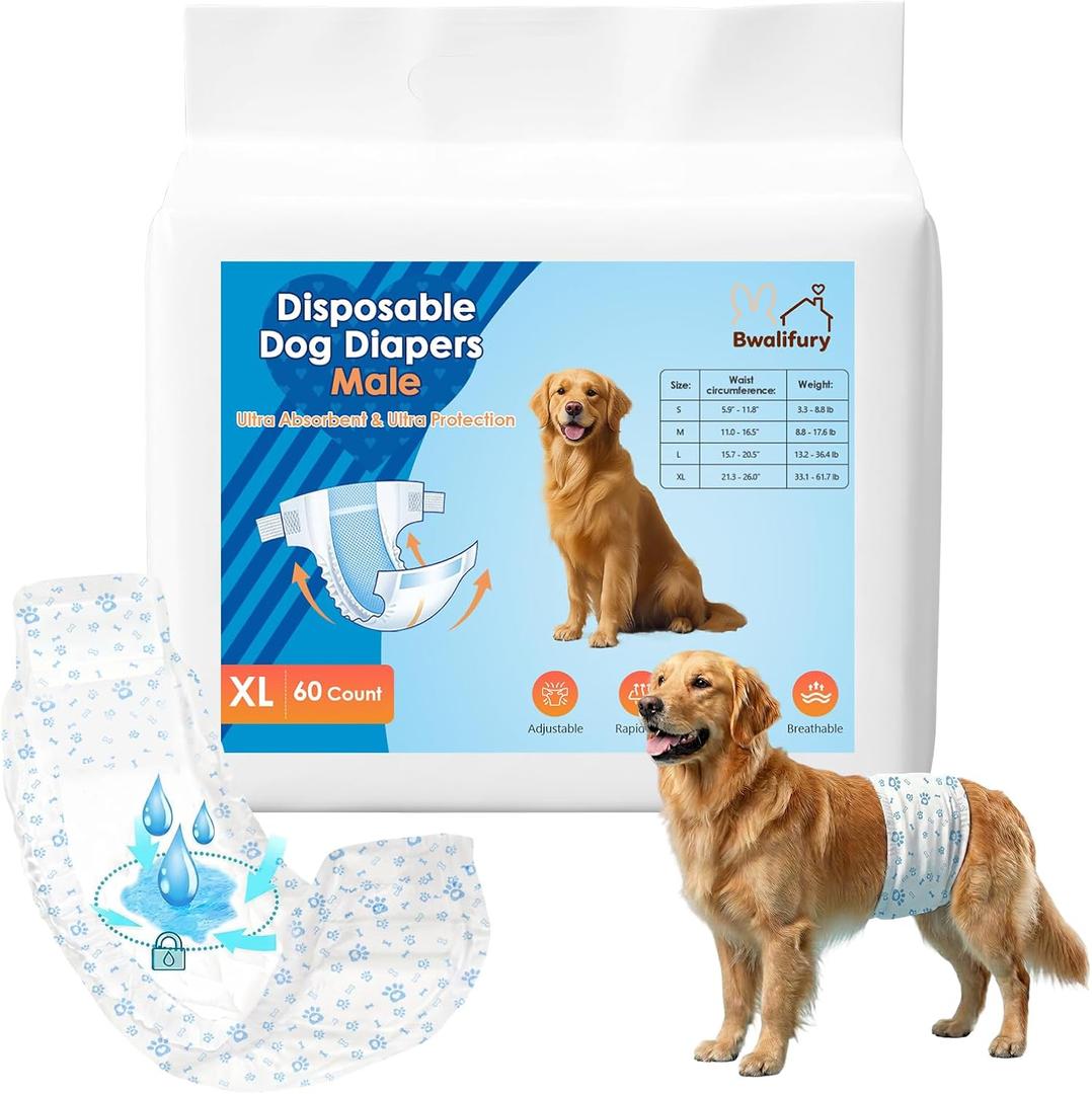 Dog Diapers Male, Bwaliffury Male Dog Wrap 60 Count, Ultra Absorbent Doggie Diapers, Rapid-Dry Leak Proof Puppy Diapers, Dog Belly Bands for Male Dogs in Heat, Excitable Urination, Incontinence (XL)