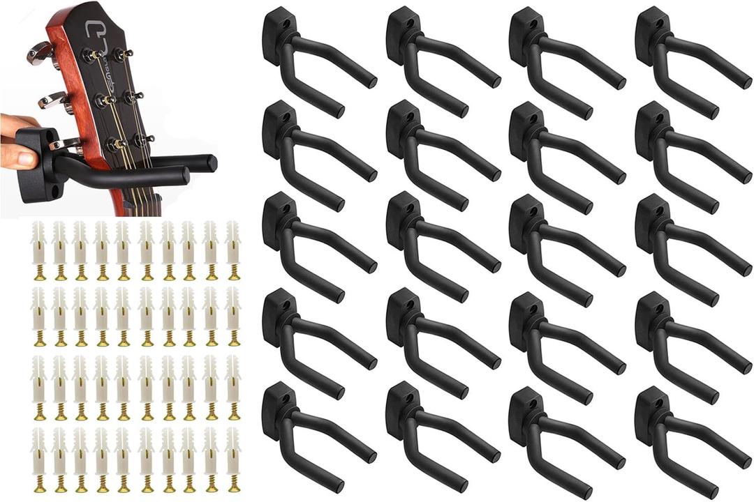 20pcs Guitar Hangers, Guitar Bass Stand Wall Mount Hanger Hook with Screws, Ukulele Banjo Mandolin Electric Guitar Display Holders for Wall, Black