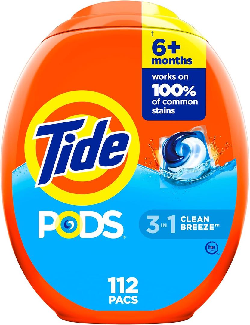 Tide PODS laundry detergent pacs, 3-in-1 Stain Remover, Odor Fighter, Color Protector, 112 Count, HE compatible, Clean Breeze Scent