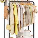 Delamu Clothes Rack, Double Rods Clothing Rack for Hanging Clothes, Metal Garment Rack with Rolling Wheels, Portable Wardrobe Closet Rack for Coat, Bedroom, Laundry, Black