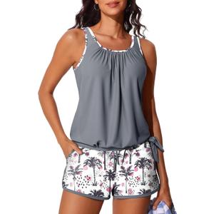 Summer Mae Blouson Women’s Tankini Swimsuits with Shorts Tummy Control Bathing Suits Side Pockets 2026 (Gray, S)